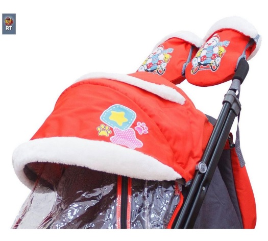 Санки-коляска Snow Galaxy City-1, дизайн - Мишка со звездой на красном, на больших колёсах Ева с сумкой и варежками   